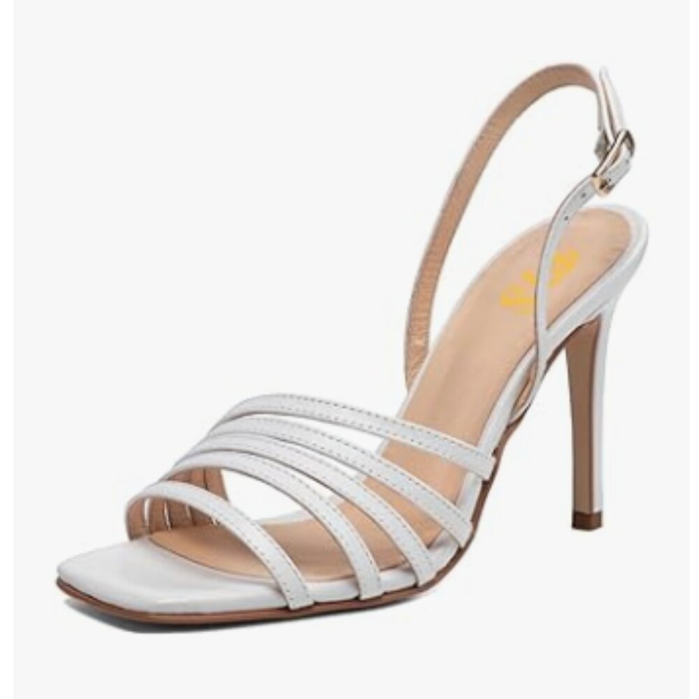 FYS White Open Square Toe Sandal Strappy Stiletto High Heels Slingback Shoes